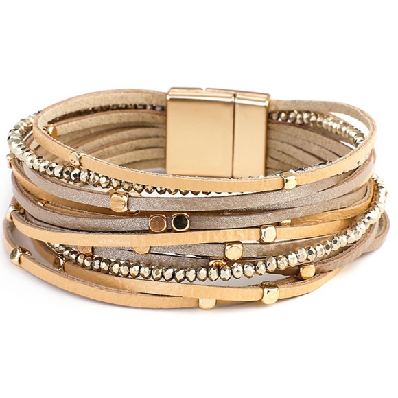 Champagne Beaded Leather Wrap Bracelet - Picture 2 of 7